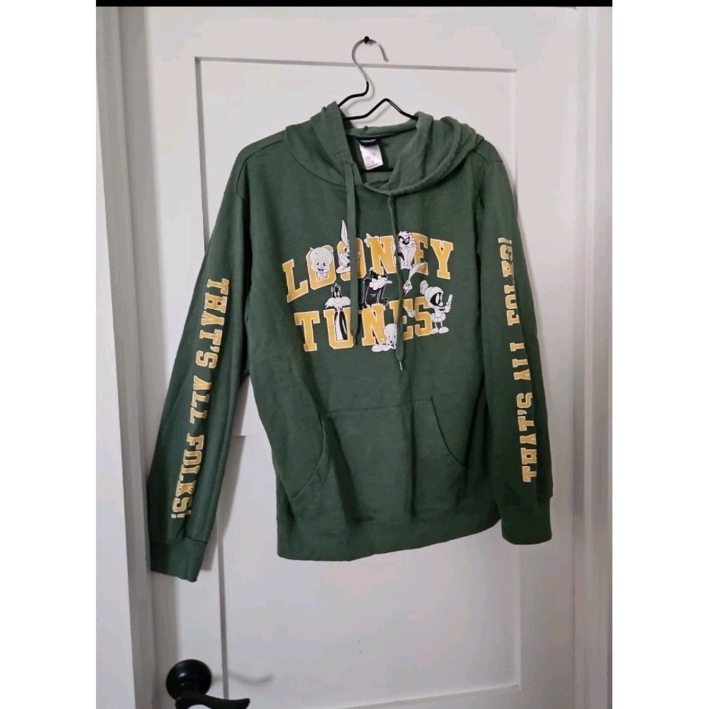 Men's Looney Tunes "That's All Folks" Green Hoodie Size Medium Cartoon Graphic